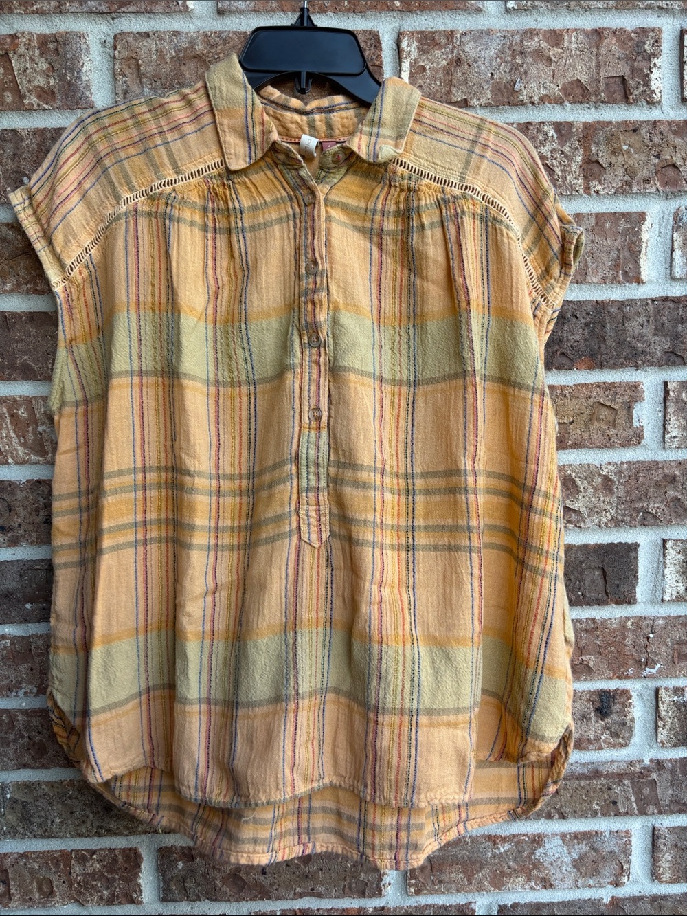 Pilcro orange Plaid Short-Sleeve Button Front Top